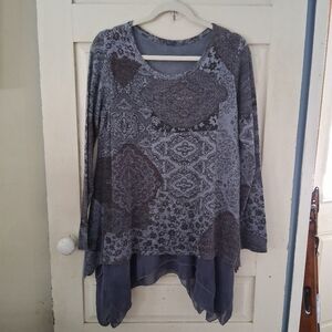 Tempo Paris Indigo Blue and Brown Patterned Knit Tunic With Scarf Hem